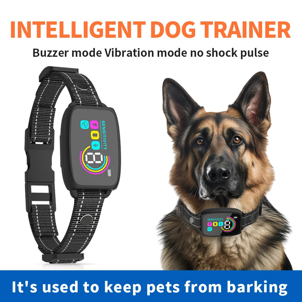 Discover the Smart Automatic Anti-Barking Dog Collar with rechargeable capabilities, HD digital display, and IP67 waterproof rating.